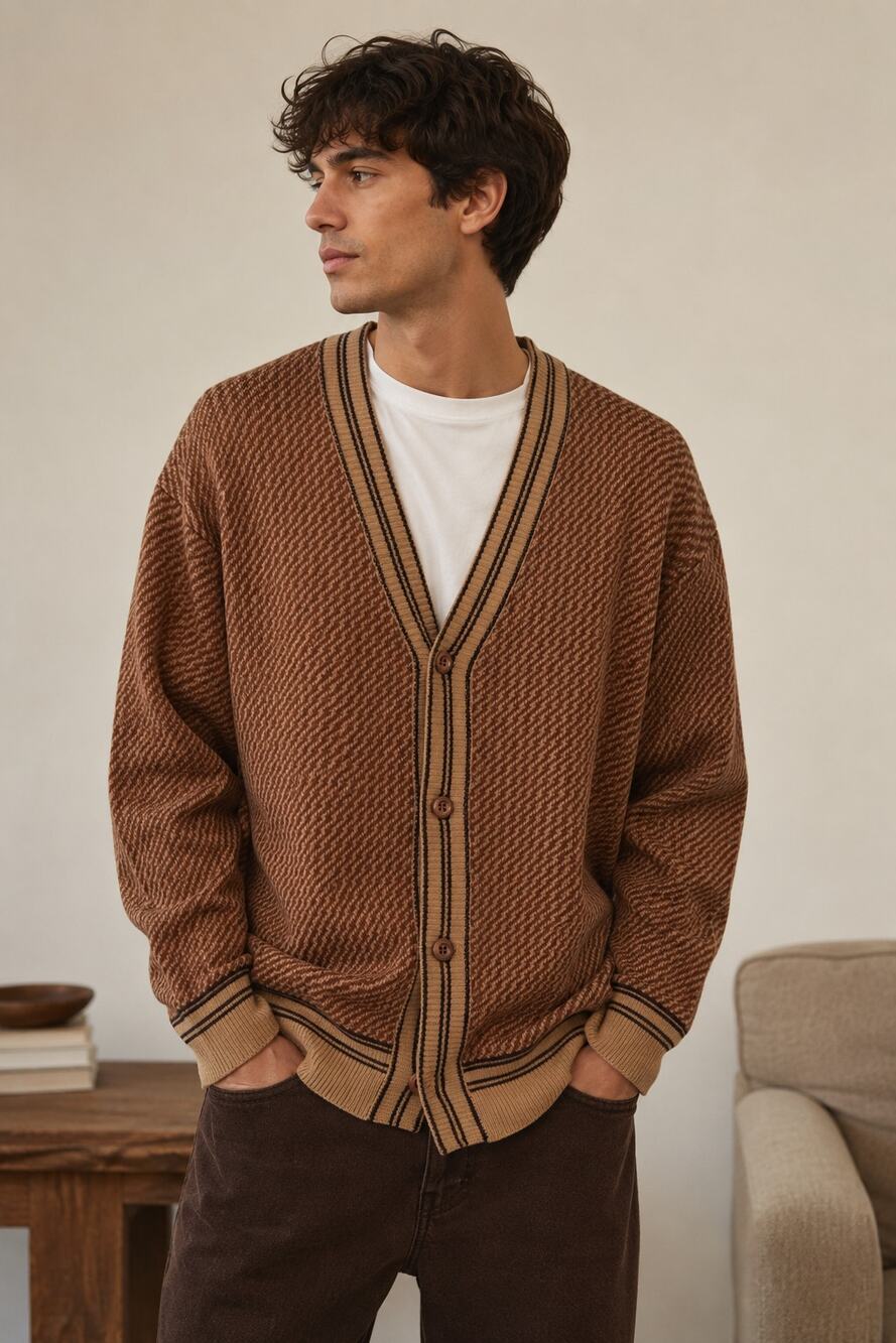 OXKNIT Brown Knit Cardigan Sweater L Unisex